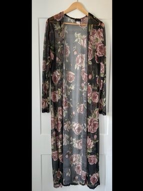 My Invasion Sheer Floral Mesh Duster • Y2K Rose Print • Made in USA • Large